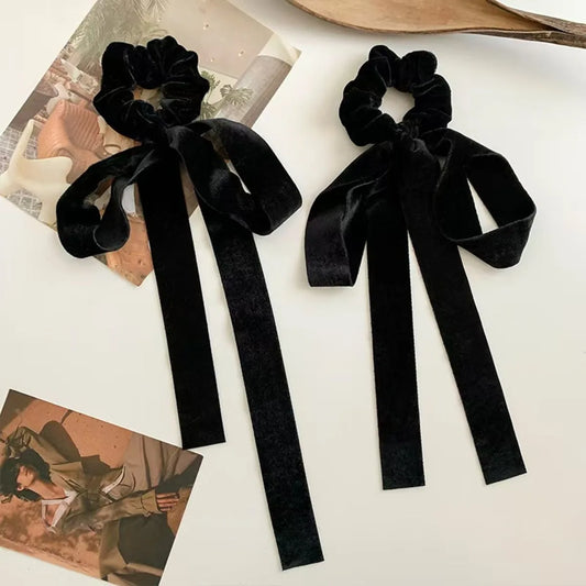 Fashion Vintage Black Velvet Bow Hair Ribbon Scrunchie, for an elevated Look