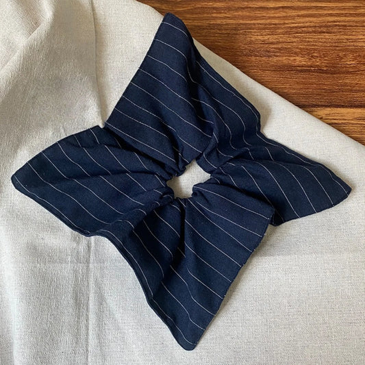 Navy Blue Pin Striped Fabric Square Scarf Scrunchie, Fashionable