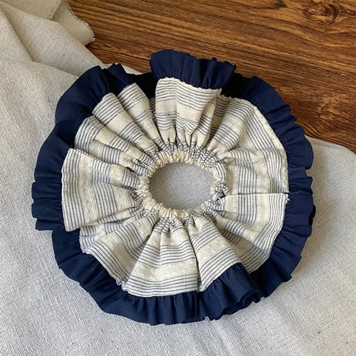 Sky Blue Striped Navy Blue Ruffled Scrunchie