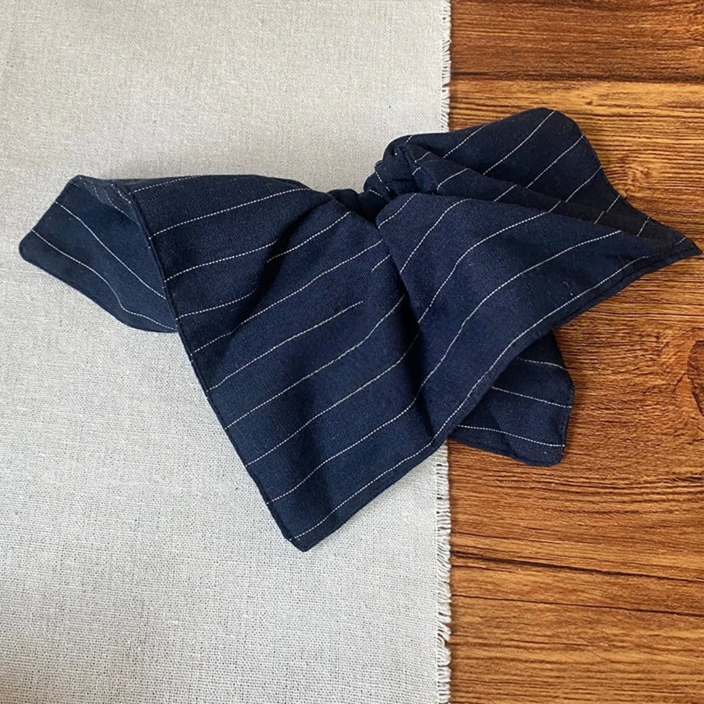 Navy Blue Pin Striped Fabric Square Scarf Scrunchie, Fashionable