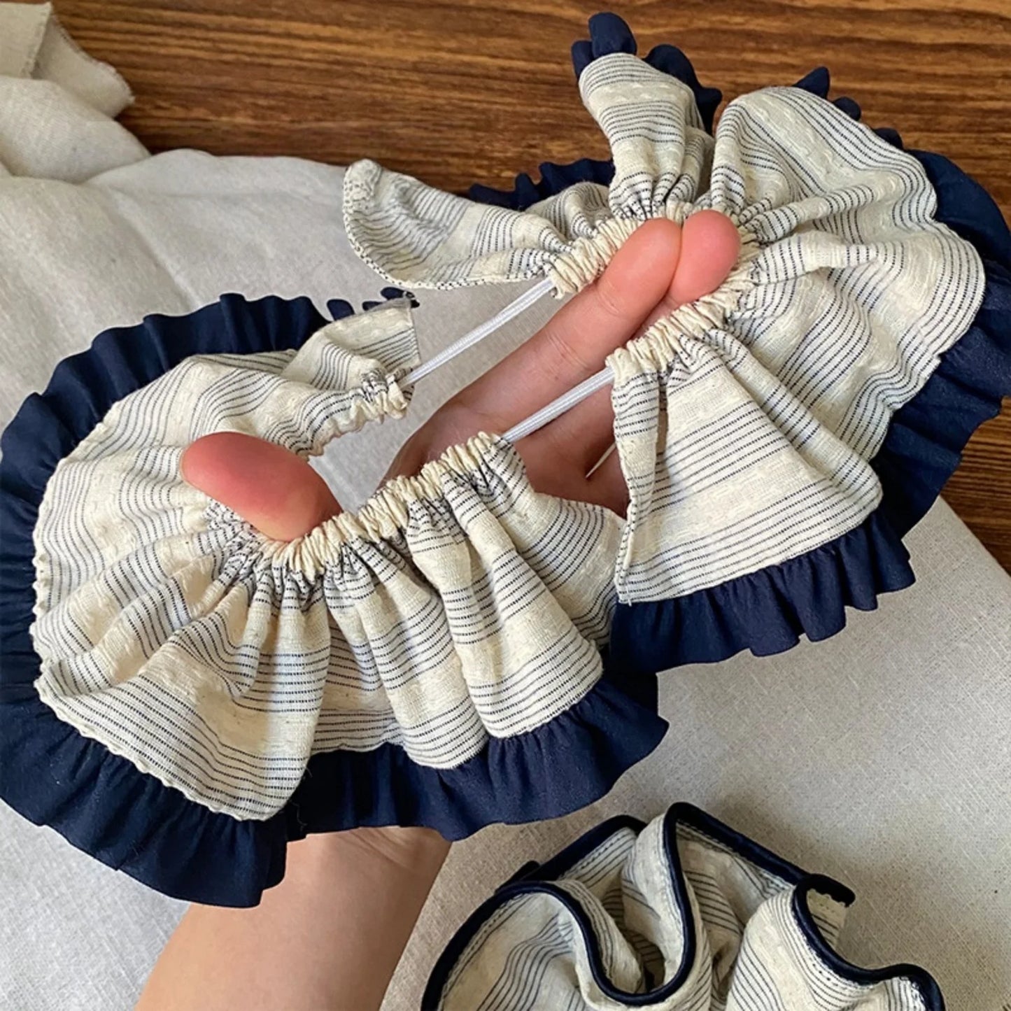 Sky Blue Striped Navy Blue Ruffled Scrunchie