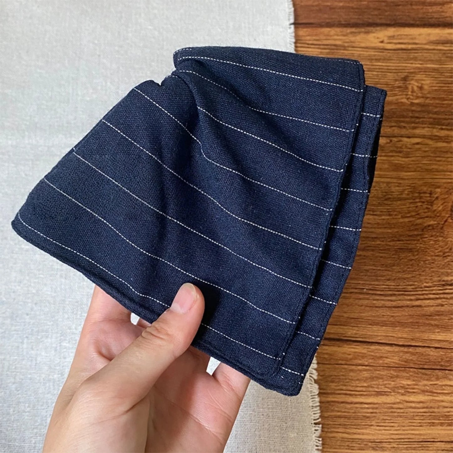 Navy Blue Pin Striped Fabric Square Scarf Scrunchie, Fashionable