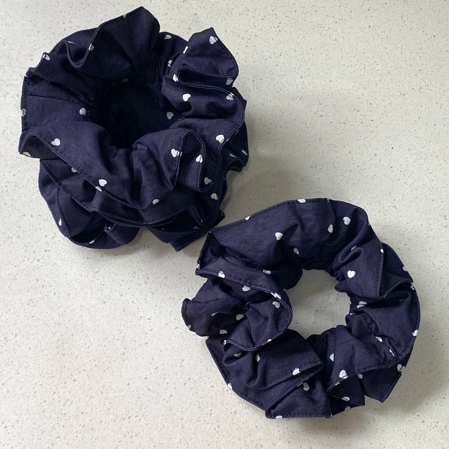 Navy Blue Hair Scrunchies Set With White Heart Print