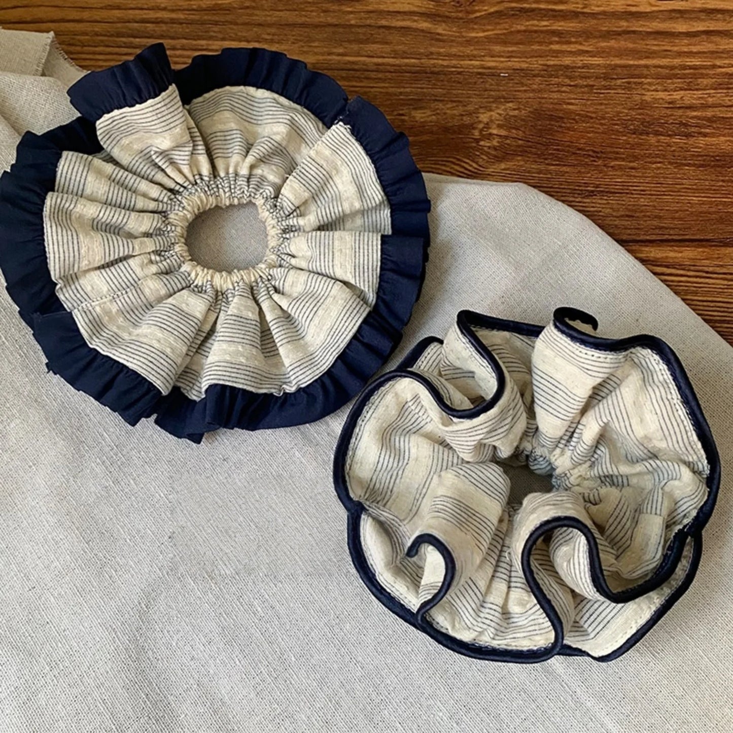 Sky Blue Striped Navy Blue Ruffled Scrunchie