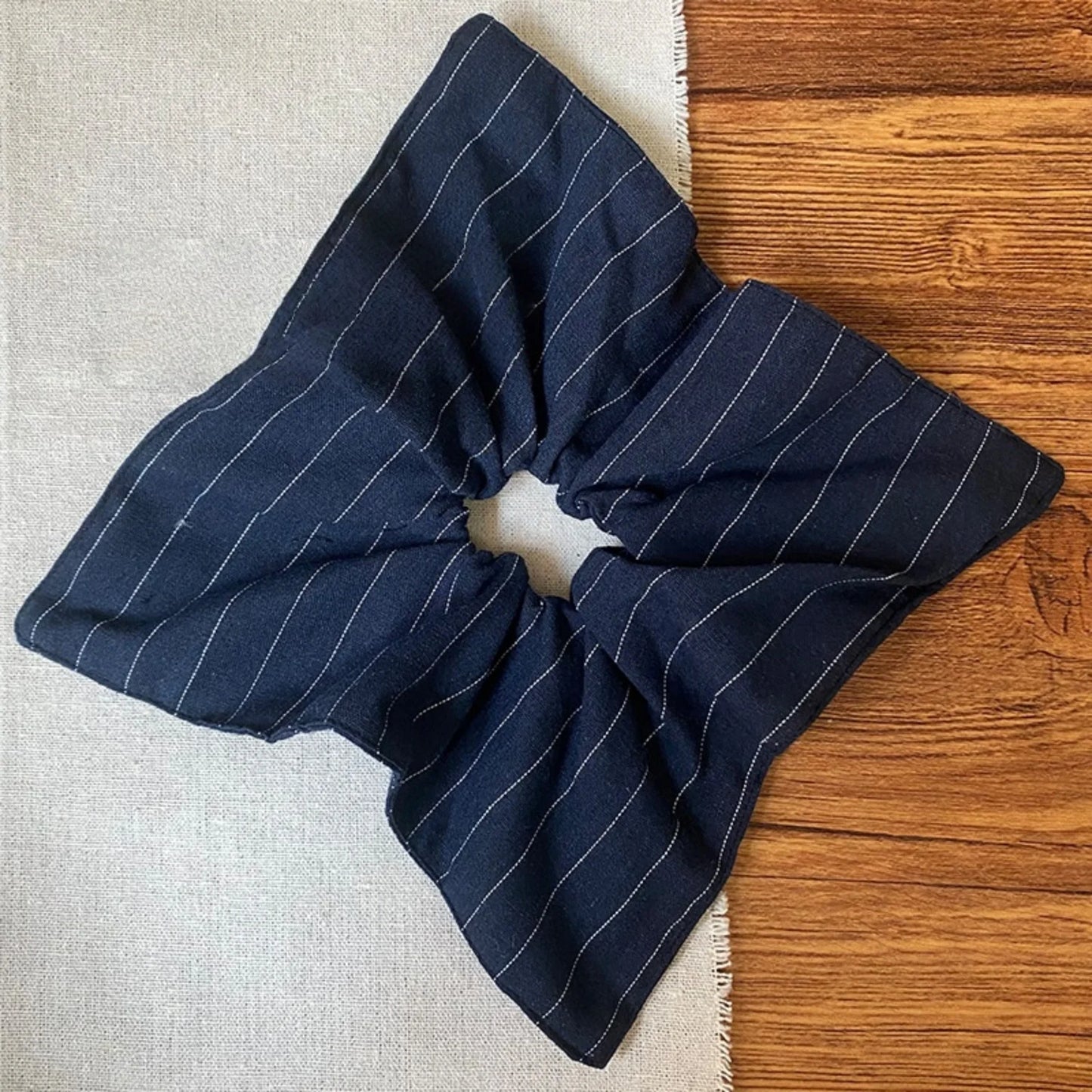 Navy Blue Pin Striped Fabric Square Scarf Scrunchie, Fashionable