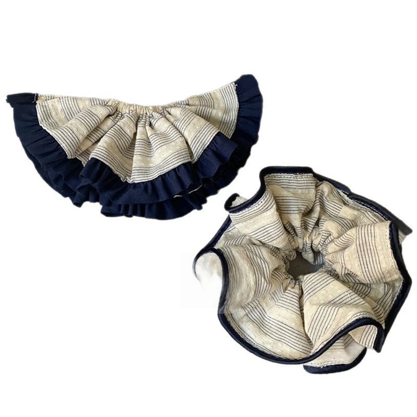 Sky Blue Striped Navy Blue Ruffled Scrunchie