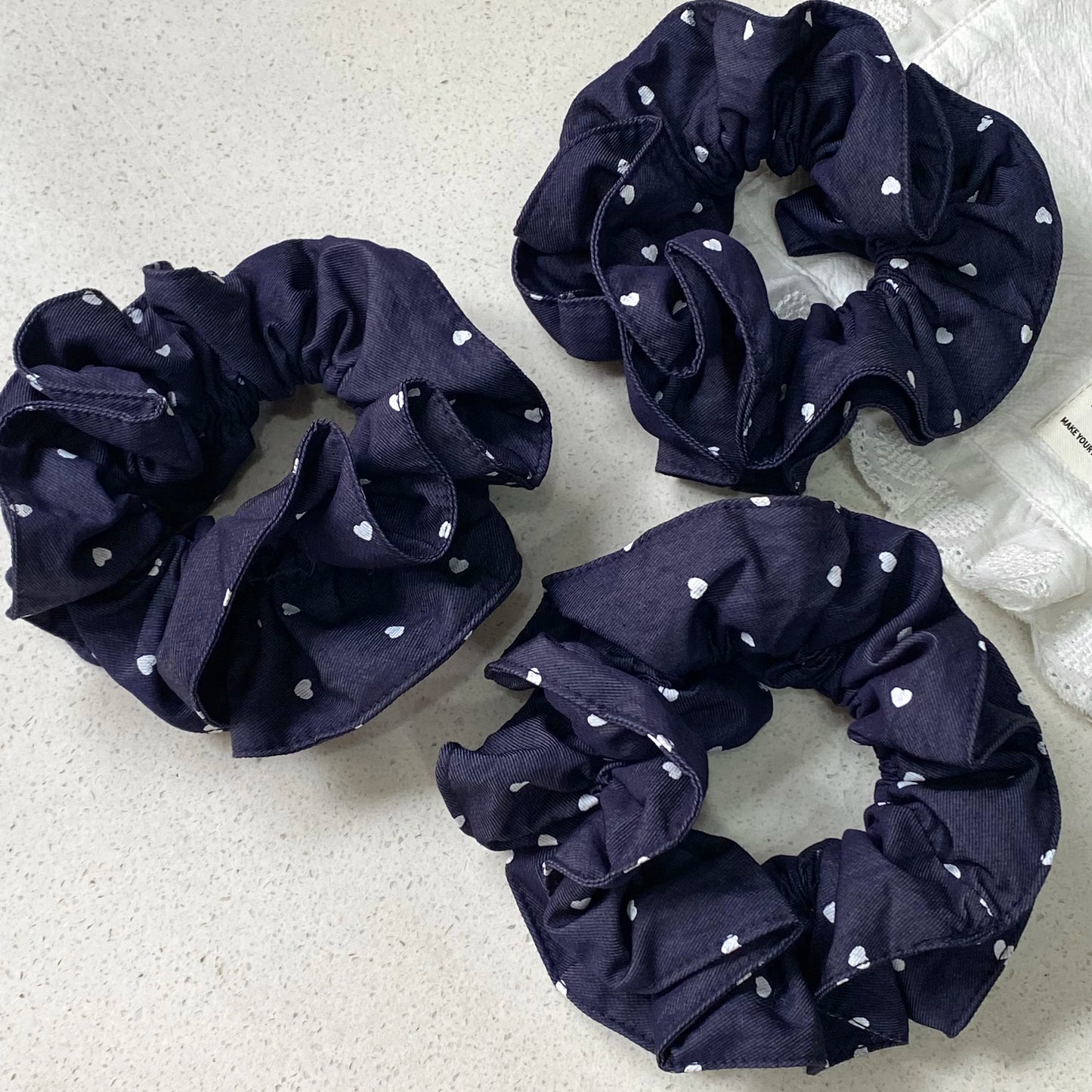 Navy Blue Hair Scrunchies Set With White Heart Print