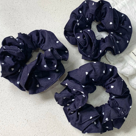 Navy Blue Hair Scrunchies Set With White Heart Print