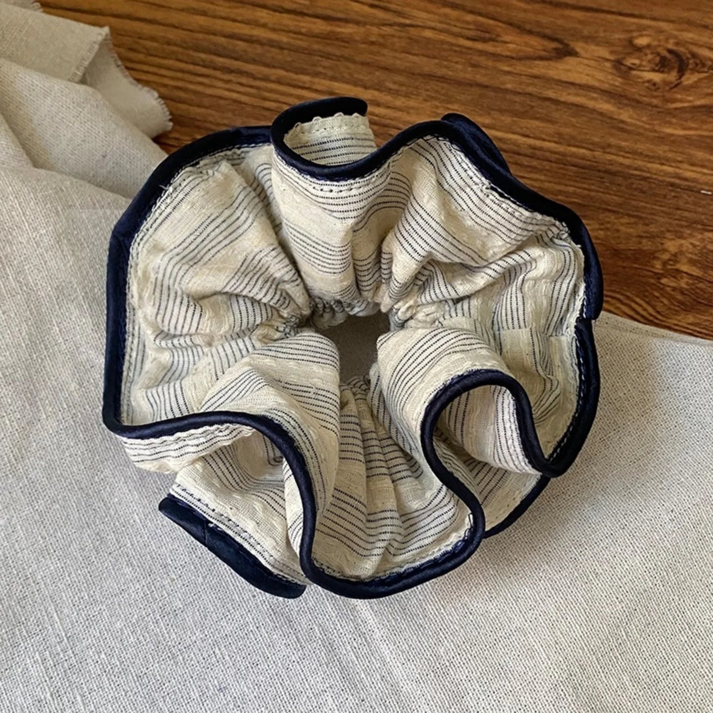 Sky Blue Striped Navy Blue Ruffled Scrunchie