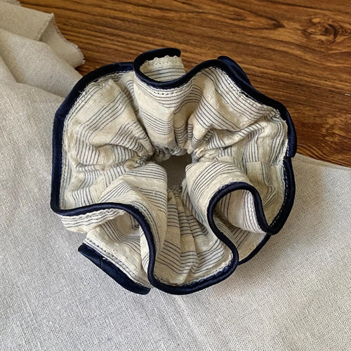 Sky Blue Striped Navy Blue Ruffled Scrunchie