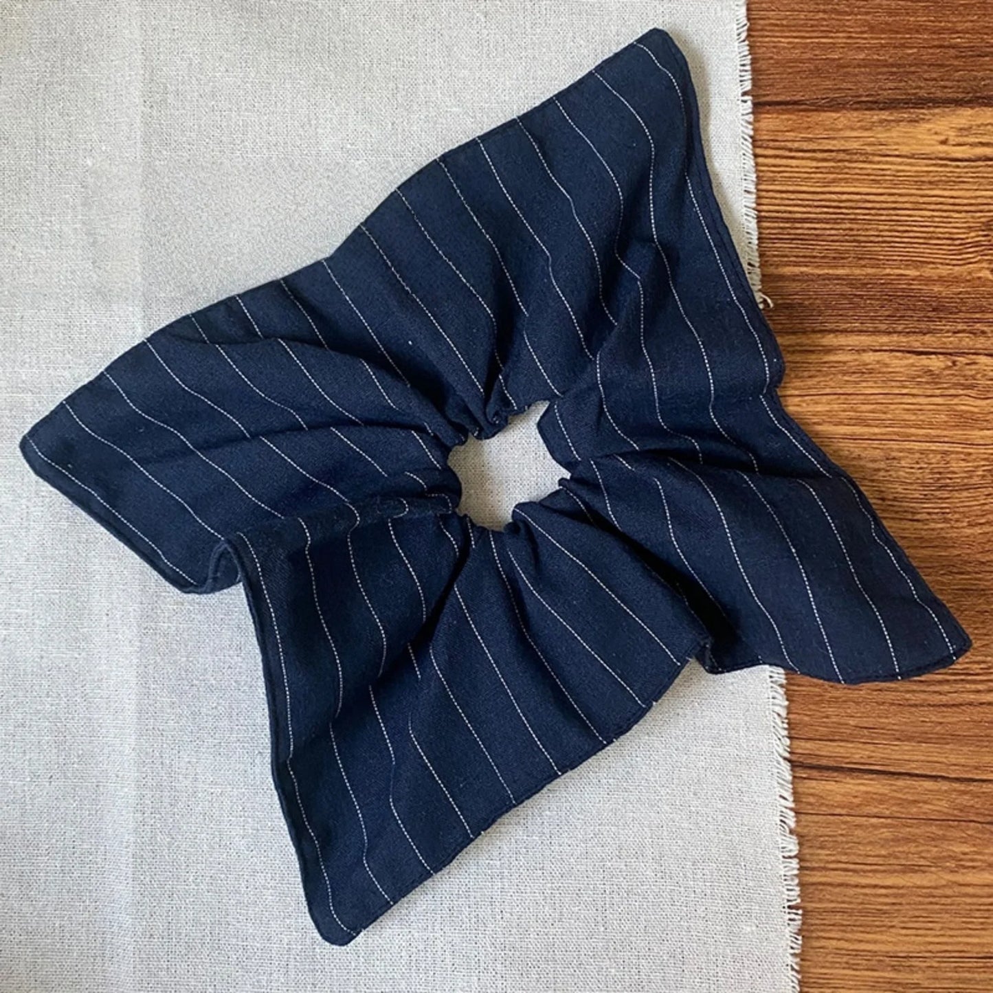 Navy Blue Pin Striped Fabric Square Scarf Scrunchie, Fashionable