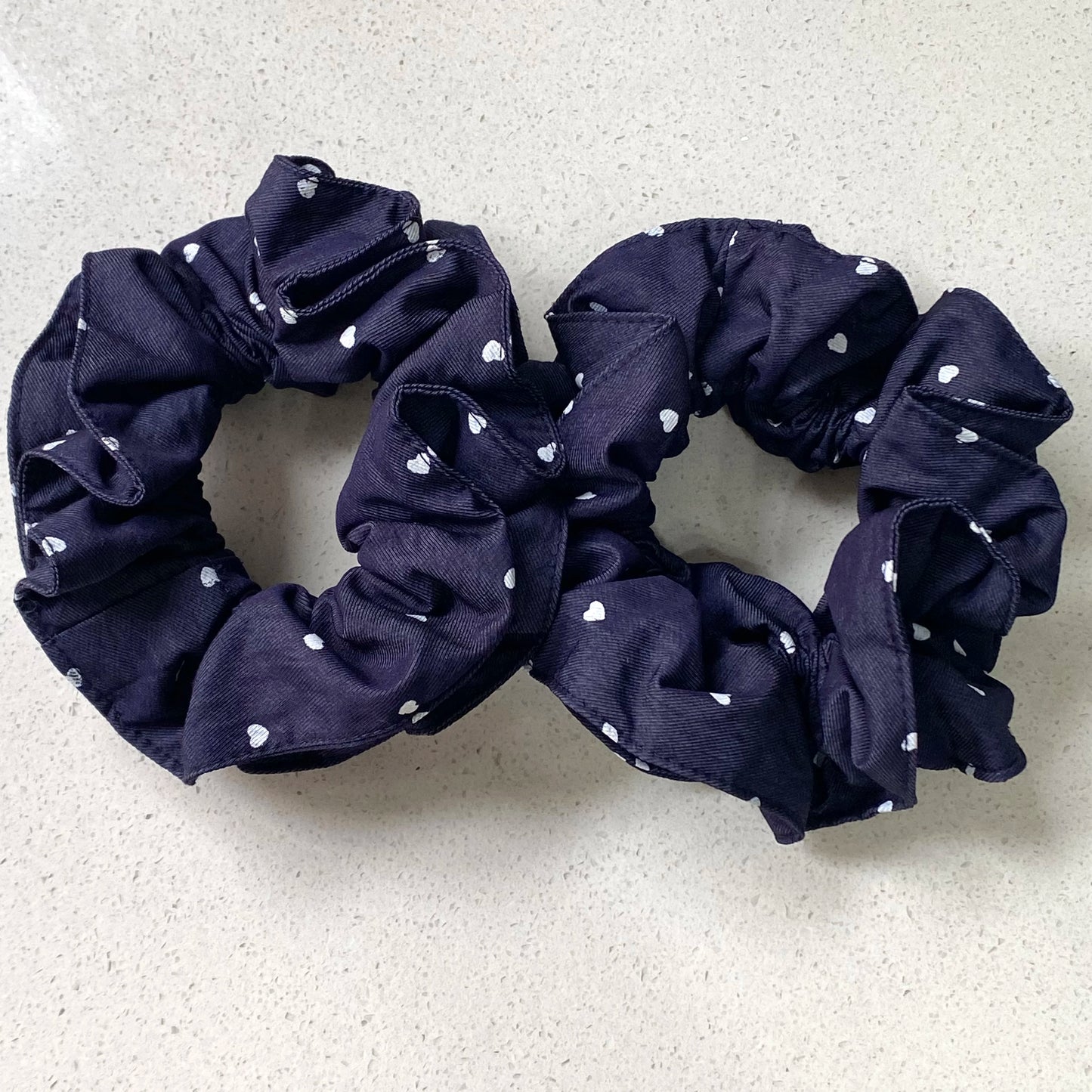 Navy Blue Hair Scrunchies Set With White Heart Print