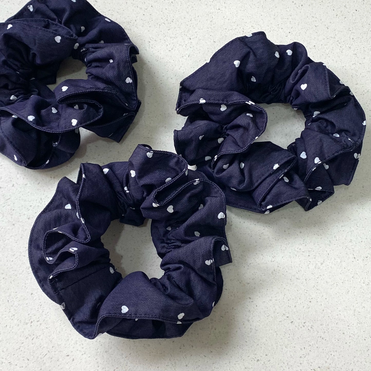 Navy Blue Hair Scrunchies Set With White Heart Print