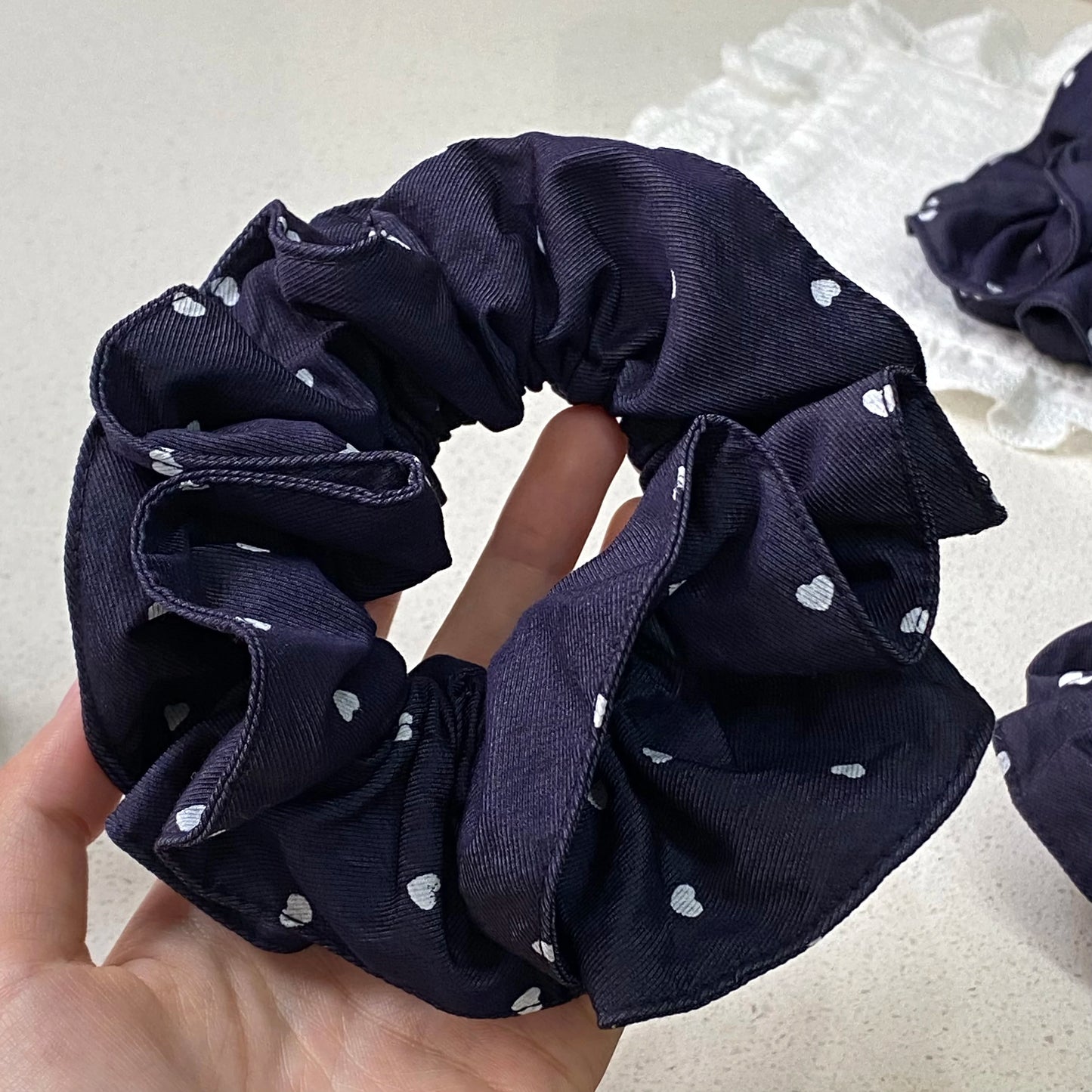 Navy Blue Hair Scrunchies Set With White Heart Print