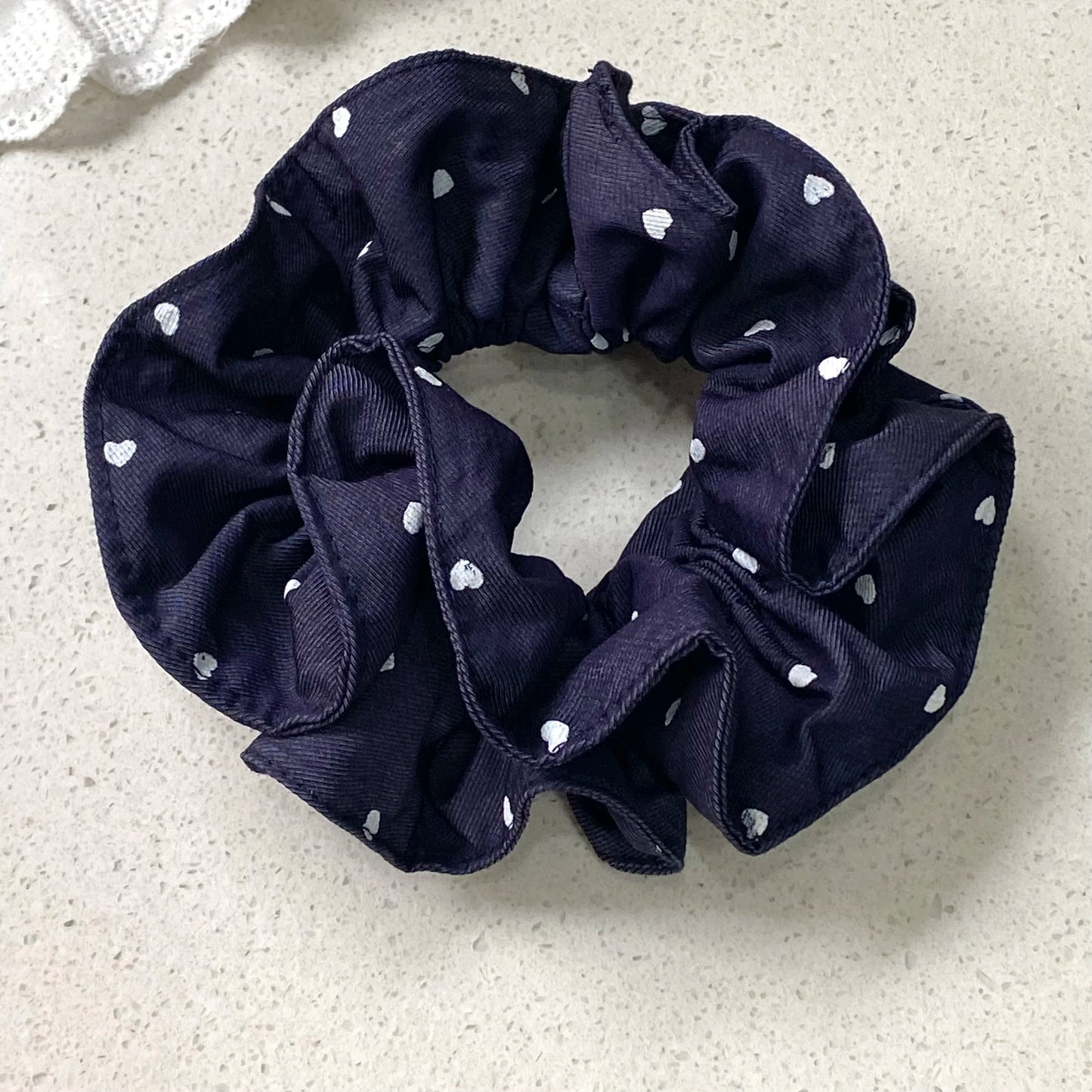 Navy Blue Hair Scrunchies Set With White Heart Print